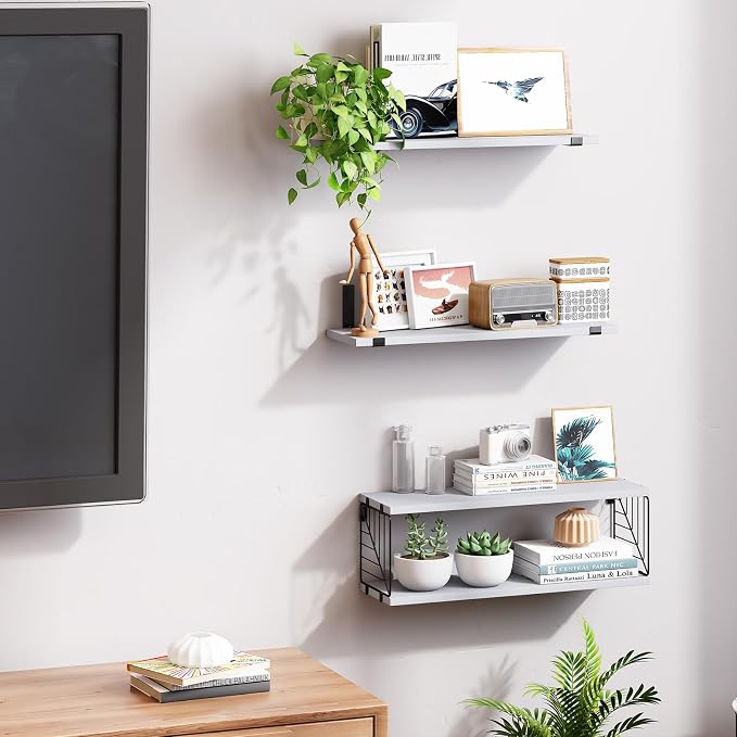 Fixwal 3+1 Tier Bathroom Floating Shelves Over Toilet, Gray | Gray Wood Shelf Set with Toilet Paper Storage Basket, Natural Finish, 40Lb Weight Limit, Quick Mount, Versatile
