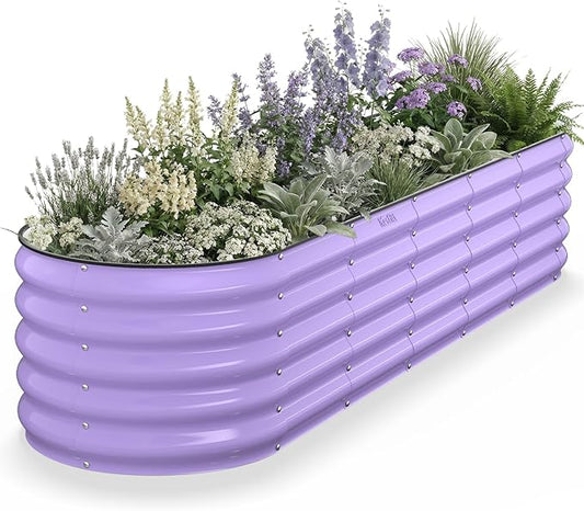 Kesfitt Raised Garden Bed, Metal Galvanized Steel Oval Garden Bed 8x2x1.5 ft with 18-Inch Deep Open-Bottom Design for Outdoor Vegetable Gardening, Lavender Purple