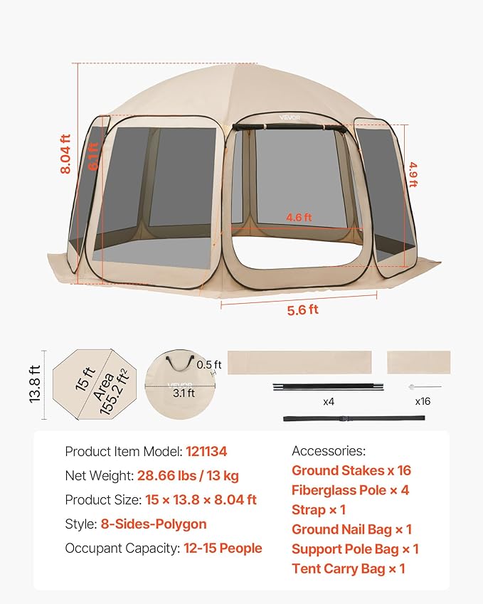 VEVOR Pop up Screen House Tent, 15 x 13.8 ft, 12-15 Person Screen Gazebo, Portable Screened in Canopy with Carry Bag, Netting Sides, Ground Stakes, for Garden, Patio, Backyard, Outdoor Activities