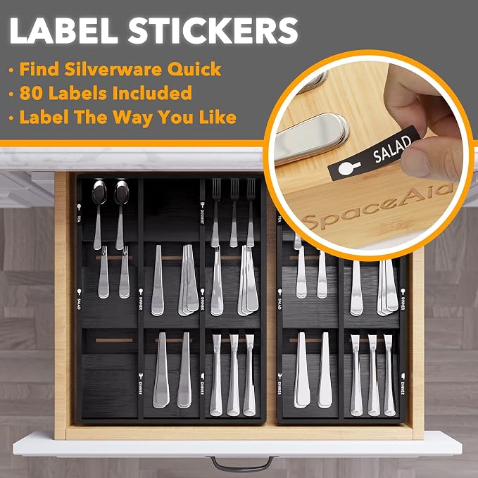 SpaceAid Bamboo Silverware Drawer Organizer with Labels, Kitchen Utensil Tray Holder Organizer for Flatware, Cutlery, Spoon and Knives Drawer Storage Organization (Black, 6 Slots)