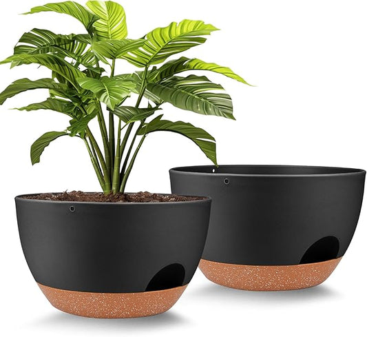 Vanslogreen Plant Pots 12inch Self Watering Pots, Set of 2 Plastic Planters with Drainage Holes and Saucers, Flower Pots for Indoor Outdoor Plants (Black)