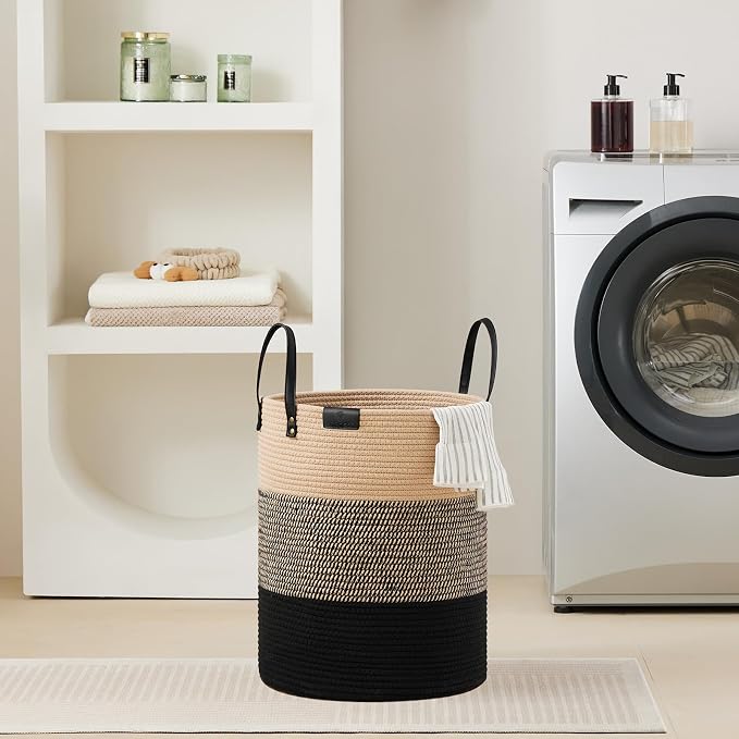 VIPOSCO 53L Tall Woven Rope Laundry Hamper, Leather Handles, Brown & Black | Large Wicker Laundry Basket for Dirty Clothes, Blanket, Toy, Towel, Yoga Mat, Storage Bin in Bedroom, Bathroom, Living Room