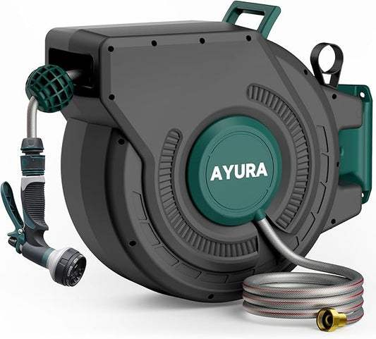 AYURA Retractable Garden Hose Reel 100 ft x 1/2 inch with Pro Metal Shaft, Heavy Duty Automatic Garden Hose Reels with Kink-Free Rewind and Lock at Any Length (Green, 50FT)
