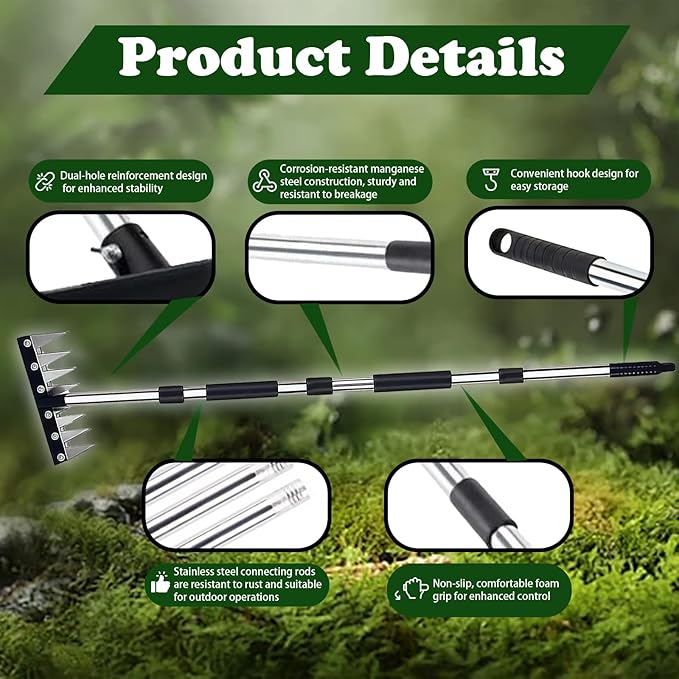 Stainless Steel Weeding Tool, Thickened Version 8 Tines Weeder Rake, Weed Puller Tool with Long Handle, for Removing Weeds, Loosening Soil, Cleaning Flower Beds, Pine Needles & Lawn Prep