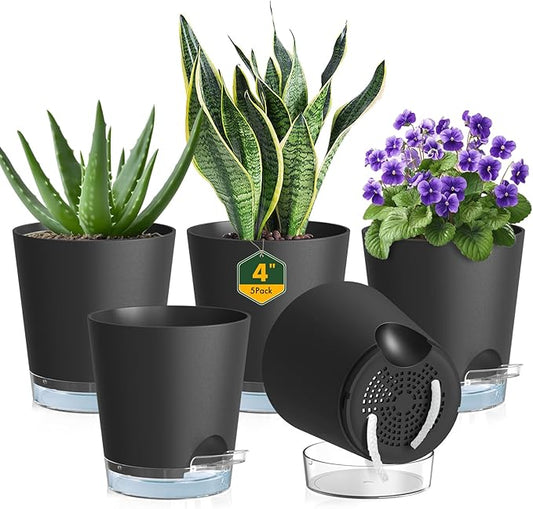Meowell 4 inch Self Watering Pots for Indoor Plants, 5 Pack Small Flower Plant Pots with Drainage Holes and Clear Reservoirs, Visible Water Level, Plastic Planters with Wicking Rope, Black