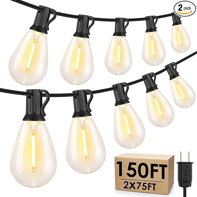Larkvue 150FT(2x75FT) LED Outdoor String Lights S11 Dimmable Patio Light, with 44+3 Waterproof Shatterproof Edison 2700K Bulbs for Yard Balcony, Black