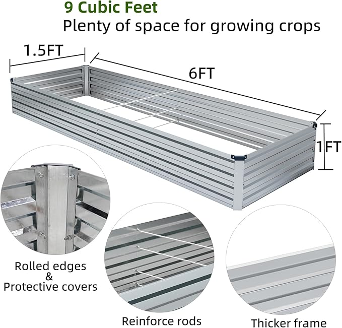 Meberam 2 Pack 6x1.5x1FT Galvanized Raised Garden Bed Kit, Outdoor Metal Planter Box for Vegetables, Bottomless Rectangular Gardening Bed with Support Rods, Tool-Free Assembly, Silver