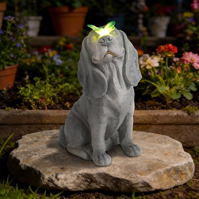 Garden Statue Dog Figurines - Outdoor Dog Statue with Solar Butterfly Lights for Patio Yard Art Decor Balcony Lawn Ornament, Ideal Housewarming Gardening Gifts for Mom