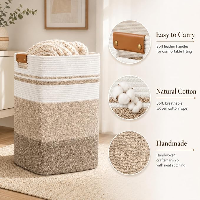 Laundry Hamper, Cotton Rope Laundry Basket with Leather Handles, 22.5-Gallon/85 L Large Clothes Hampers for Laundry, Woven Laundry Baskets for Blankets, Clothing, Bedroom, Living Room, Nursery