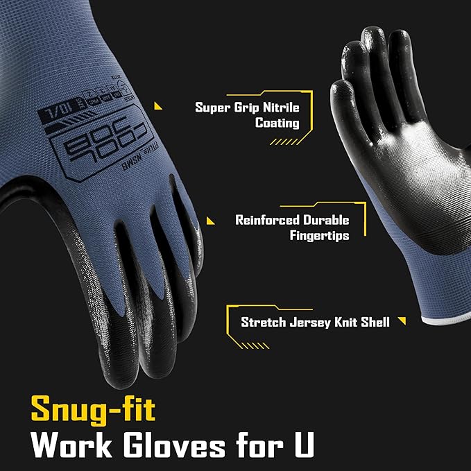 COOLJOB 10 Pairs Nitrile Dipped Safety Work Gloves with Grip, Non-slip Rubber Coated Bulk Garden Gloves for Men, Heavy-duty Oil Resistant for Truck Driver, Warehouse Box Handler, Xlarge, Black Blue