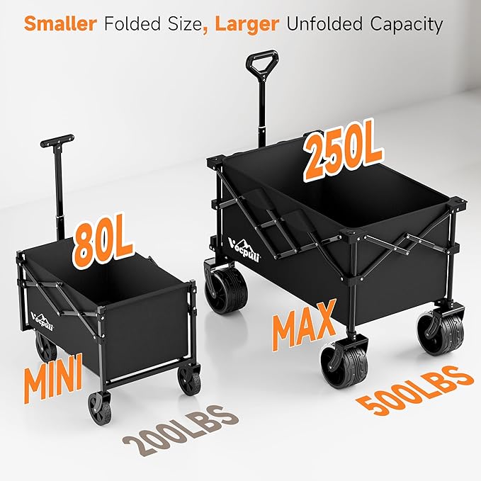 40" L Collapsible Wagon Cart Foldable, 500lbs Weight Capacity 250L Heavy Duty Folding Beach Wagons with Big All-Terrain Wheels, Utility Carts for Groceries, Shopping, Camping, Sports - Black