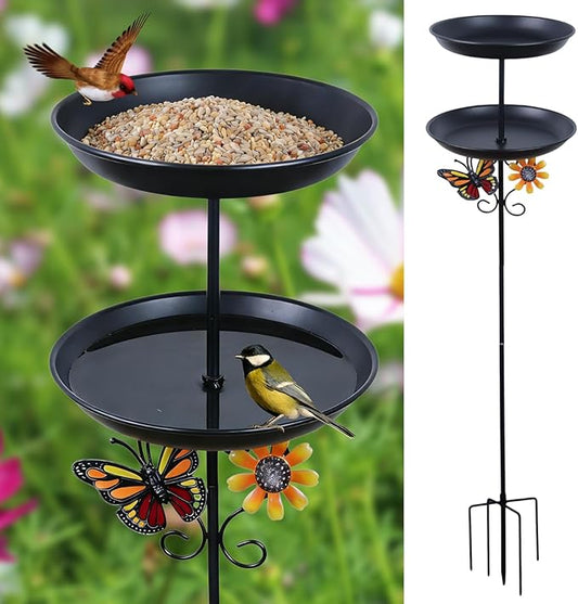 hogardeck 2-in-1 Vintage Freestanding Bird Bath & Feeder, Double Metal Layers Birdbath with Upgraded 5-Pronged Sturdy Base, Outdoor Decor for Garden Patio Yard Lawn, Black