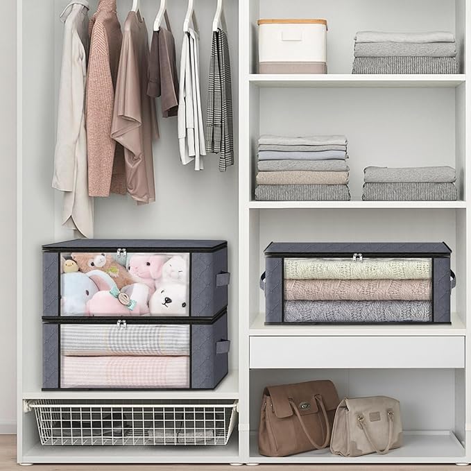 HomeHacks 3-Pack Clothes Organizer Storage Bags, 35L Storage Bins, Gray
