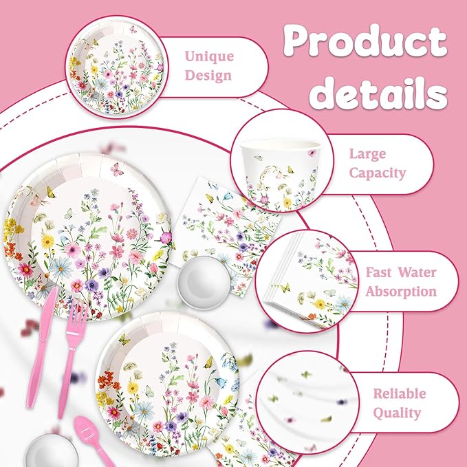 141Pcs Wildflower Party Decorations Garden Floral Themed Birthday Party Supplies with Plates Napkins Cups Knives Forks Straw Tablecloth Set for 20 Guests