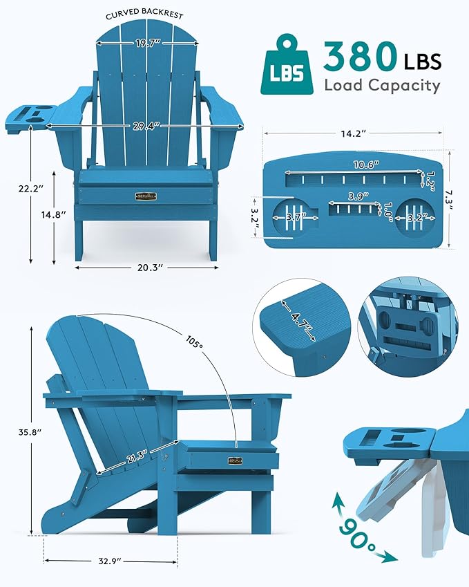 SERWALL Folding Adirondack Chair Set of 2, Outdoor Adirondack Chairs with 4 in 1 Cup Holder, Wood Texture Patio Chairs, Weather Resistant Fire Pit Chairs for Patio Deck Garden, Backyard - Navy Blue