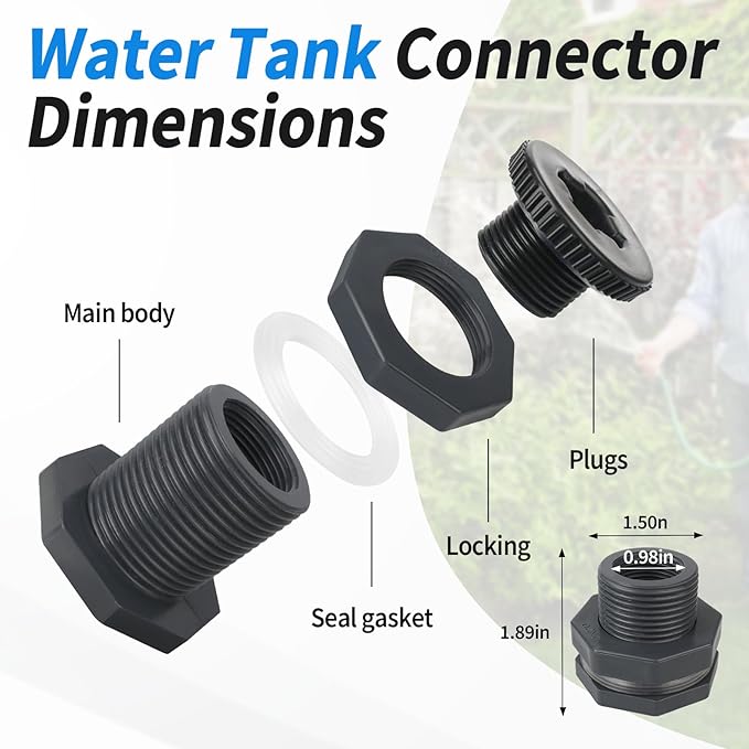 Rain Barrel Spigot Connector fit for Water Barrel 3/4" Bulkhead Fitting, 4 PCS Rain Garden Water Tank Hose Adapter Kit with Rain Barrel Overflow Spigot Plug and Hole Saw Tool (25mm ID Bulkhead)