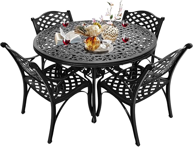 48" Cast Aluminum Outdoor Dining Table,Dining Conversation Side Table, Patio Bistro Table with 2.36" Umbrella Hole for Backyard, Garden, Patio, Porch