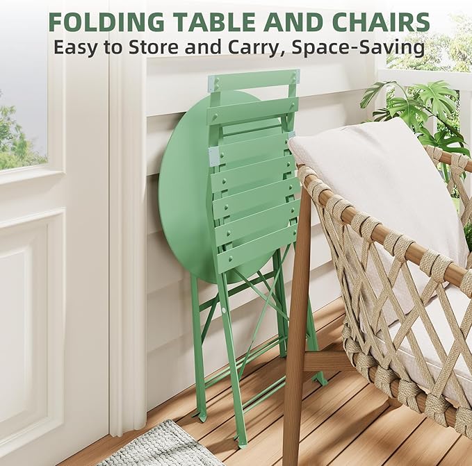 3-Piece Folding Bistro Set, 2 Chairs and 1 Coffee Table, Space Saving Weather-Resistant Frame, Portable Indoor/Outdoor Patio Furniture Conversation Set for Garden Porch Balcony Deck - Green