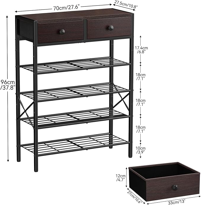 5 Tier Shoe Rack with 2 Drawers, 16-20 Pairs Dark Brown