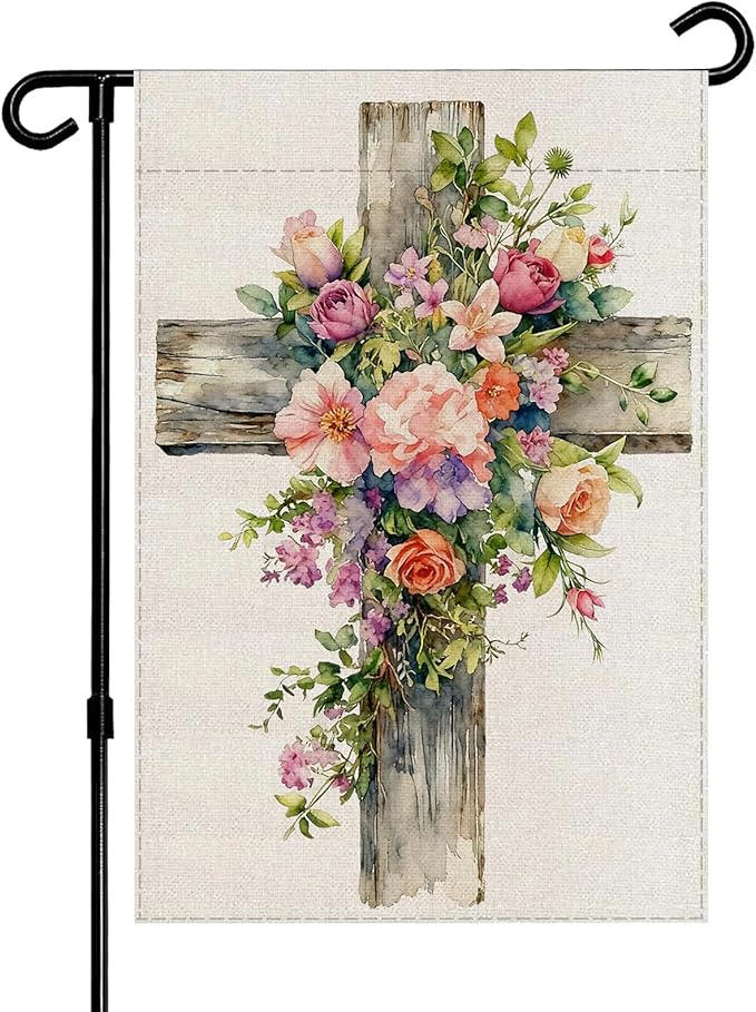 Spring Summer Garden Flag, Religious Easter Christian Cross flower Yard Outside Decorations, Inspirational Burlap Outdoor Small Home Decor 12 x 18