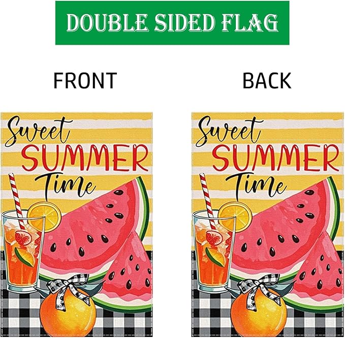 Sweet Summer Time Garden Flag Watermelon Buffalo Plaid 12x18 Inch Welcome Small Flags for Outside, Fruit Double Sided Burlap Juice Lemon Holiday Seasonal Banner Farmhouse Outdoor Yard Decoration