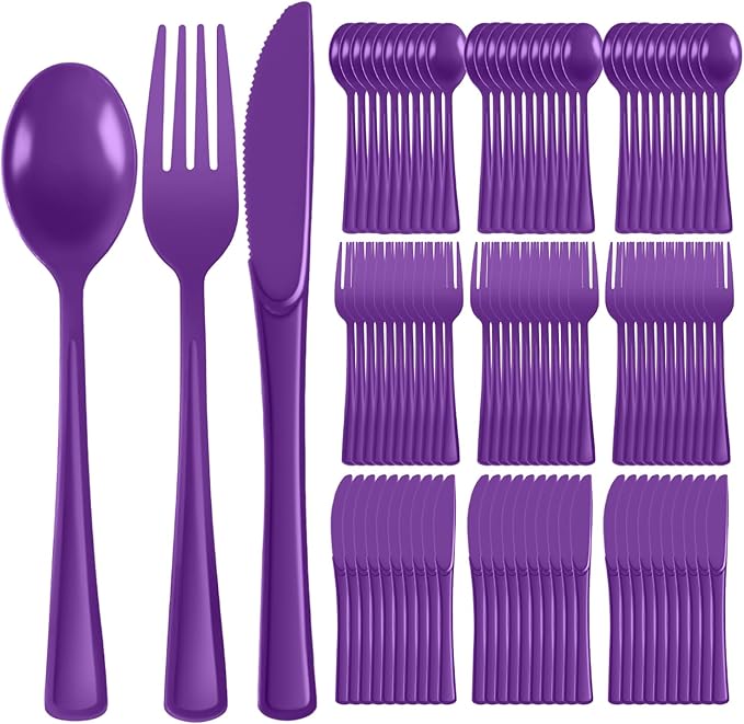 Plastic Silverware 300 PCS Disposable Silverware Heavy Duty Utensil Sets 100 Of Each Forks Knives & Spoons Disposable Cutlery Set For Easter,Birthday,Baby Shower,Garden Party,Wedding(300,Purple)