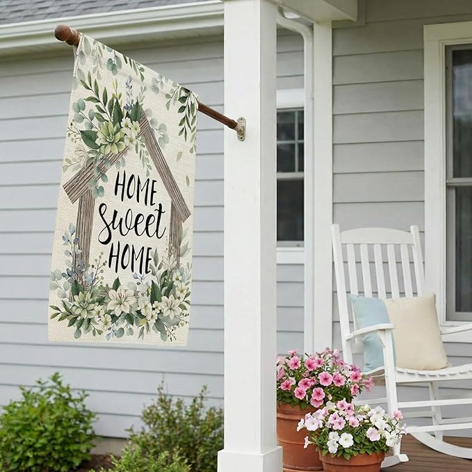 CROWNED BEAUTY Spring Home Sweet Home House Flag Eucalyptus Double Sided 28x40 Inches Large Burlap Welcome Holiday Seasonal Yard Decoration for Outside Porch