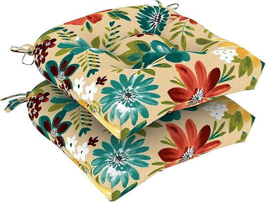 DYTXIII Set of 2 Outdoor Chair Cushions 19"x19"x4", Water Repellent Tufted Patio Seat Cushions with Ties, Thick Replacement Pads for Wicker Dining Chairs, Patio Furniture, Flower Multi