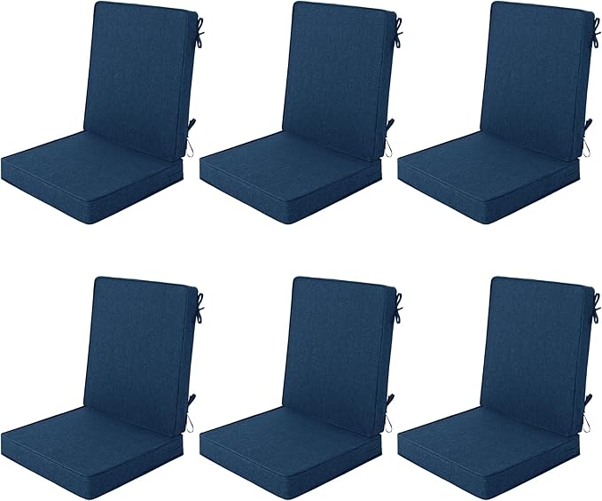 Outdoor Chair Cushions 20x20, Water-Resistant & Fade-Resistant, Patio Furniture Lawn Dining Chair Seat Replacement with High Back, Ties Zipper, Removable Cover, Set of 6, Navy Blue