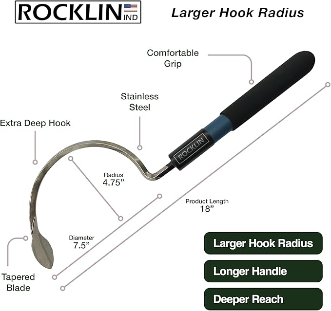 Rocklin Industry Cobra Hook Cultivator Stainless Steel Blade Heavy-Duty Garden Hand Tool for Weeding, Digging & Soil Loosening