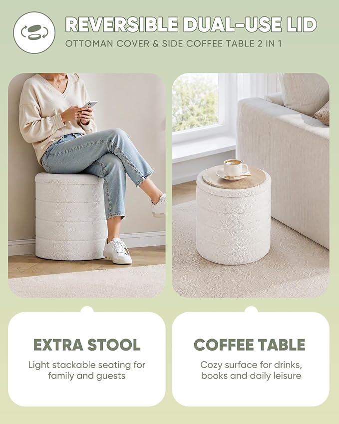 B FSOBEIIALEO Folding Storage Ottoman, Round Sherpa Ottomans, Cream White