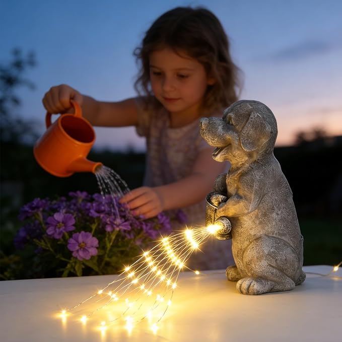 Lavezee Dog Statues Outdoor with String Lights for Garden Decor, Puppy Dog Statue for Patio Lawn Porch Walkway Yard Decoration, Ideal Gifts for Dog Lovers Women Mom Grandma