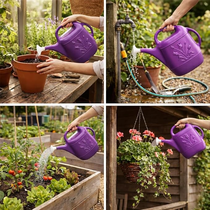 PMU 2 Gallon Watering Can - Garden Watering Can for Indoor & Outdoor Plants - Plastic Water Can with Detachable Sprinkler Head - Large Water Pot, Made in USA - Purple Pkg/12
