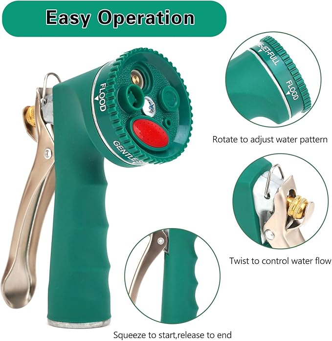 Garden Hose Nozzle, Heavy Duty Metal Spray Nozzle with Tie Rods Made of Brass, High Pressure Hose Nozzle with Non-Slip Grip Handle for Watering Garden, Washing Cars and Showering Pets (Green)