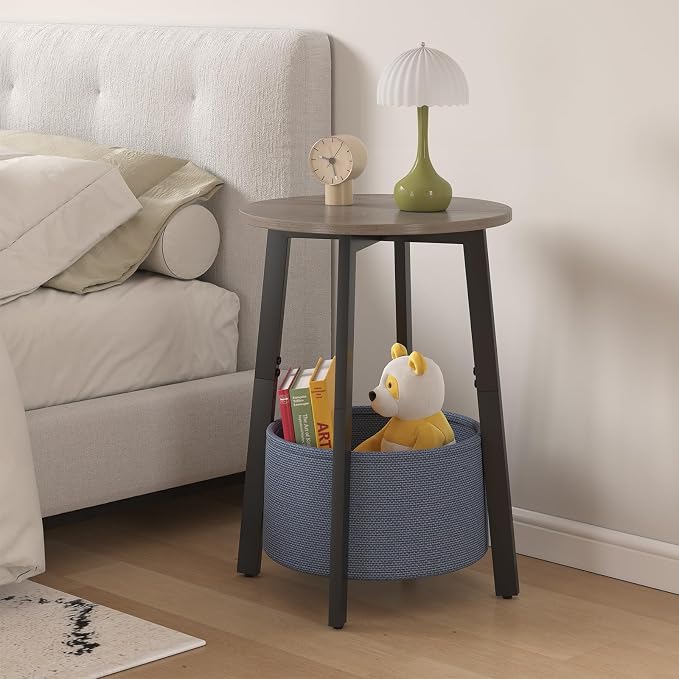 sthmec Small Round Side End Table Set of 2 with Cloth Storage Basket, Round Bedside Sofa Couch Coffee Tables for Small Places with Metal Frame, Modern Nighstands for Living Room Bedroom,Grey