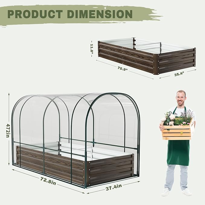 SUNYRISY Galvanized Raised Garden Bed with Greenhouse, Outdoor Metal Planter Box with Plant Bed Cover, Garden Box Protection for Gardening Vegetables Flowers Herbs Planting, Wood Grain