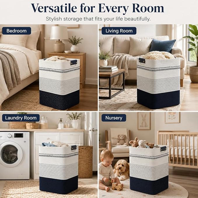 Laundry Hamper, Cotton Rope Laundry Basket with Leather Handles, 25.1-Gallon/95 L Large Clothes Hampers for Laundry, Woven Laundry Baskets for Blankets, Clothing, Bedroom, Living Room, Nursery