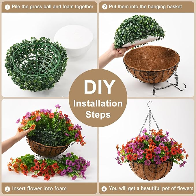 ZFProcess Artificial Faux Hanging Plants Flowers Basket for Spring Outdoor Decoration, Fake Silk Daisy in Planter Realistic UV Resistant Look Real for Porch Home Patio Balcony Yard(Purple Orange red)