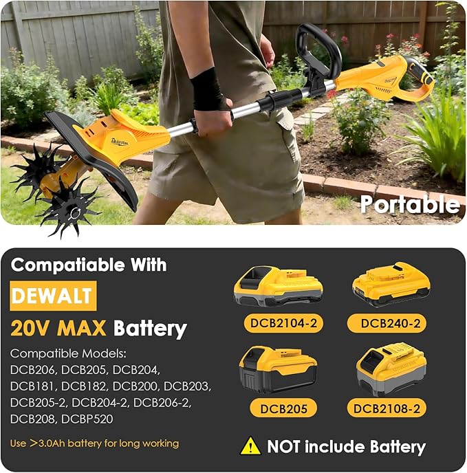 Garden Tools - Cordless Tiller Cultivator Compatible with DEWALT 20V MAX Battery (Tool Only), 310RPM Electric Rototiller with 40 Steel Tines, 9.1In Tilling Width & 6.3In Depth Tiller, Folding Design