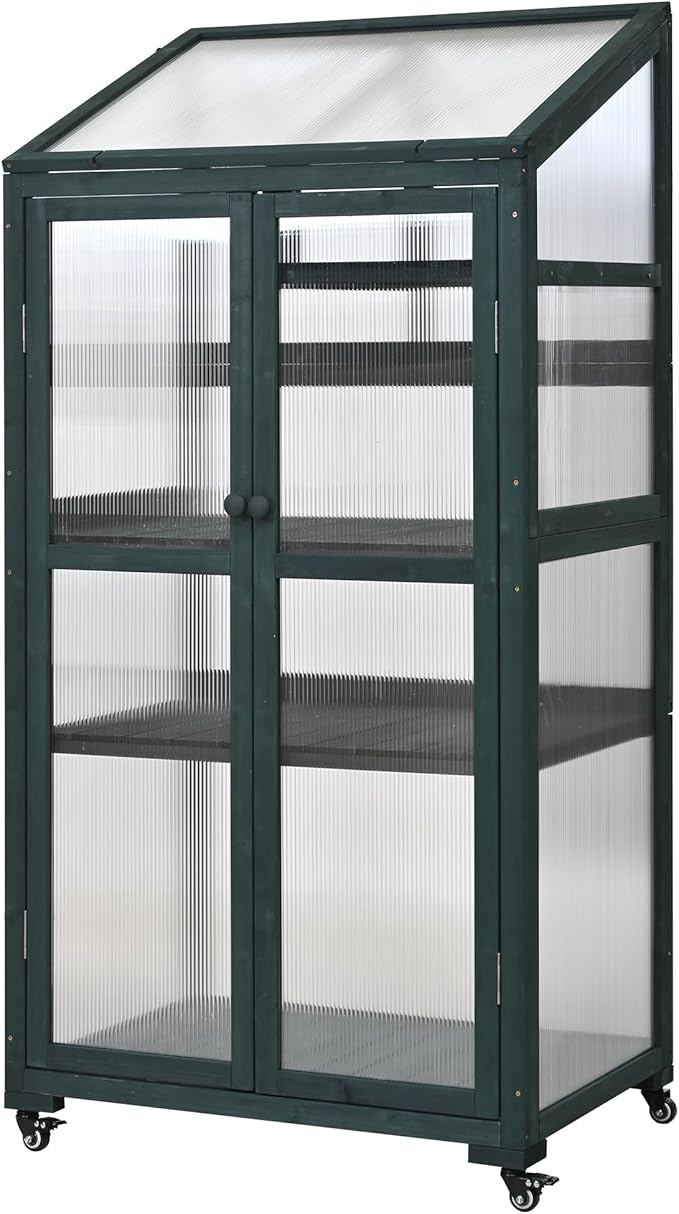 Merax 4-Tier Wooden Greenhouse with Wheels, Shelf & Ventilation, Outdoor Raised Planter Box with Drainage Design, Solid Fir Wood Cold Frame for Garden and Patio, Green