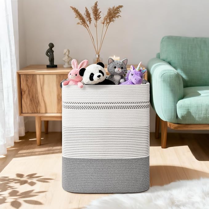 Laundry Hamper, 105L Tall Laundry Basket with Leather Handles, Rectangle Large Clothes Hamper for Organizing, Cotton Woven Laundry Baskets Storage Hampers for Bedroom, Nursery, Living Room