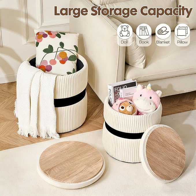 Round Ottoman with Storage Set of 2 White Velvet