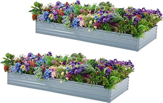 Meberam 2 Pack 6x3x1FT Galvanized Raised Garden Bed Kit, Outdoor Metal Planter Box for Vegetables, Bottomless Rectangular Gardening Bed with Support Rods, Tool-Free Assembly, Gray