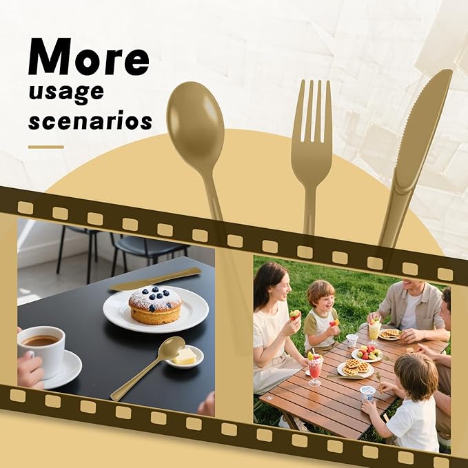 Plastic Silverware 150 PCS Disposable Silverware Heavy Duty Utensil Sets 50 Of Each Forks Knives & Spoons Disposable Cutlery Set For Easter,Birthday,Baby Shower,Garden Party,Wedding(150,Gold)