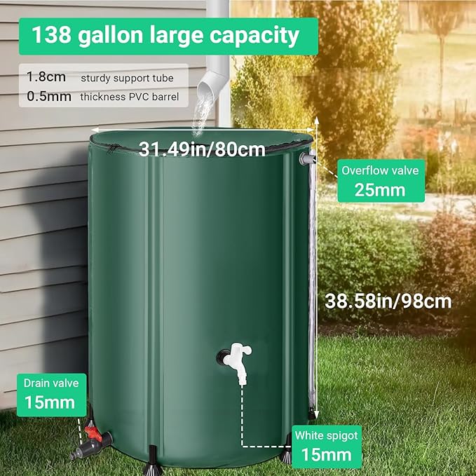 FAMIROSA 132 Gallon / 500L Collapsible Rain Barrel, Foldable PVC Water Barrels to Collect Rainwater from Gutter, Portable Water Collection System with Hose Spigot, Garden Water Catcher Collector Green