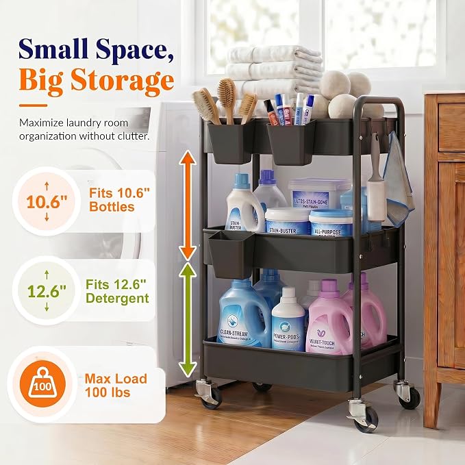 3 Tier Rolling Cart Metal with Wheels,Black Three Tiered Art Cart Organizer