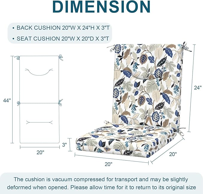 DYTXIII Outdoor High Back Chair Cushions Set of 2, 44x20 in Water Repellent Patio Seat Cushions with Elastic Sponge, All Weather Cushions for Rocking, Dining Chairs, Patio Furniture - Leaves Beige