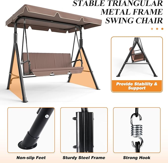 GARTOO 3-Seat Patio Swing Chair, Outdoor Porch Swing with Adjustable Canopy and Durable Steel Frame for Patio, Garden, Poolside(Brown)