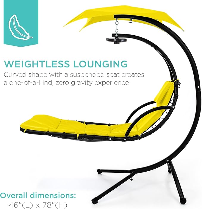 Best Choice Products Hanging LED-Lit Curved Chaise Lounge Chair Swing for Backyard, Patio, Lawn w/ 3 Light Settings, Weather-Resistant Pillow, Removable Canopy Shade, Steel Stand - Yellow