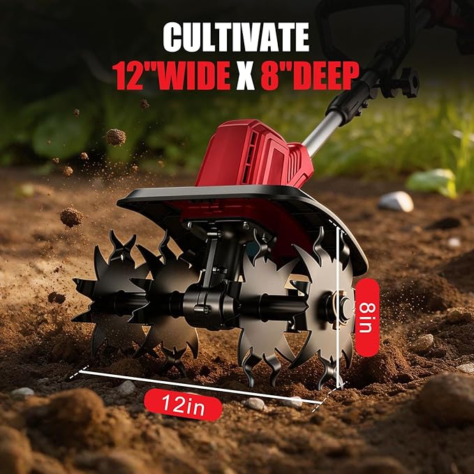 21V Electric Cordless Tiller Cultivator, 360RPM Garden Tiller with 2 x 4.0Ah Batteries Charger, 12In Tilling Width & 8In Depth Garden Rototiller for Lawn, Gardening, Soil Cultivation (RED-1)